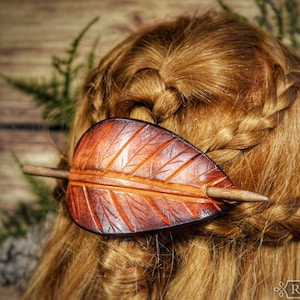 Leather Barrette Autumn Leaf Hair Stick or Dreadlock Holder.