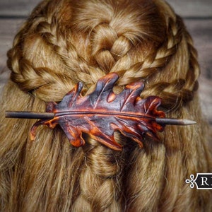 Leather Barrette Autumn Oak Leaf Hair Stick or Dreadlock Holder.