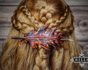 Leather Barrette Autumn Oak Leaf Hair Stick or Dreadlock Holder.