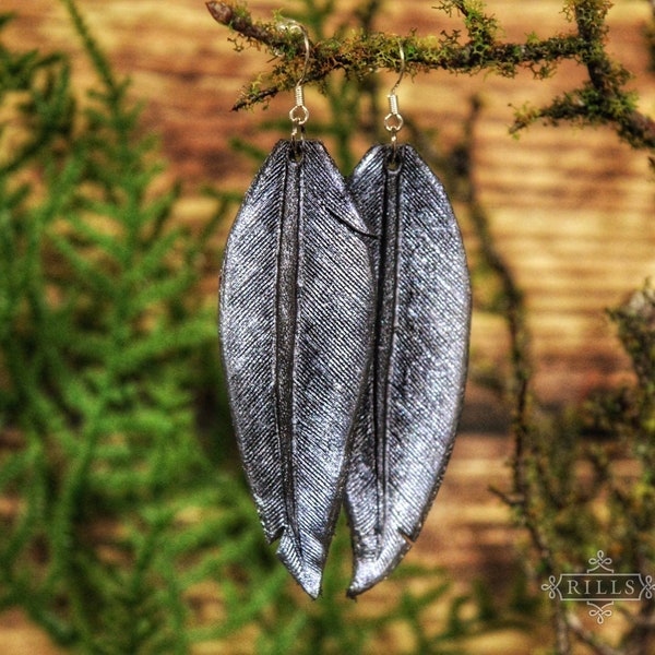 Silver Raven - Leather Black Feather Earrings