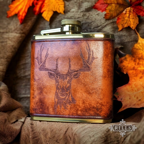 Engraved Leather Wrapped 6oz Hip Flask - Stag Head