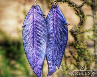 Amethyst - Leather Purple Feather Earrings
