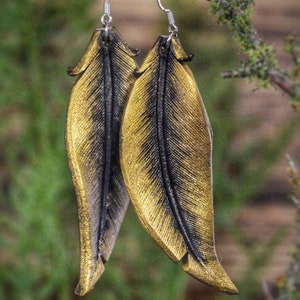 Gold Raven Leather Black Feather Earrings image 1