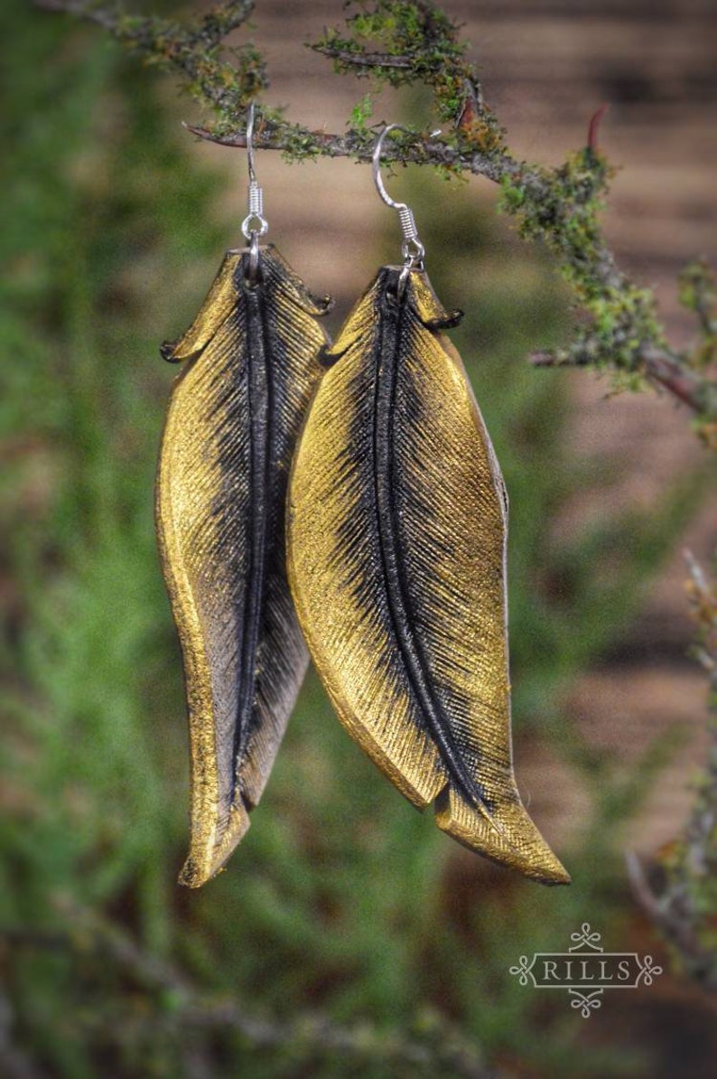 Gold Raven Leather Black Feather Earrings image 1
