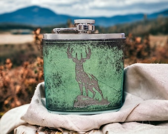 Engraved Leather Wrapped 6oz Hip Flask - Stag