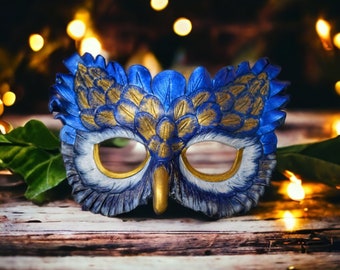 Leather Owl Mask Blue and Gold Masquerade Fantasy Ball Costume Larp