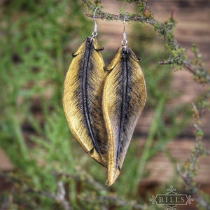 Gold Raven Leather Black Feather Earrings image 2