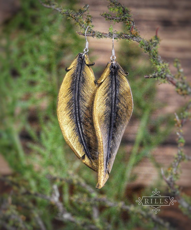 Gold Raven Leather Black Feather Earrings image 2