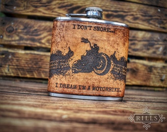 Engraved Leather Wrapped Stainless Steel 6oz Hip Flask - Motorbike Themed