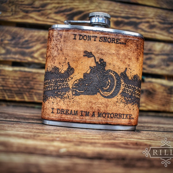 Engraved Leather Wrapped Stainless Steel 6oz Hip Flask - Motorbike Themed