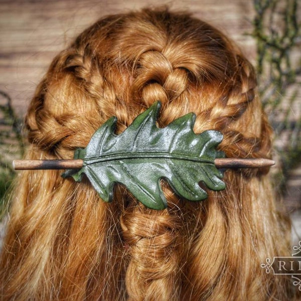 Green Oak Leaf Leather Hair Stick Barrette or Dreadlock Holder