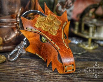 Leather Dragon Keyfob - Handmade Keyring with Glass Eyes & Painted Scales - Golden