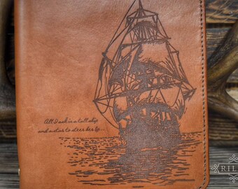 Ocean Wanderer - Ship engraved A5 Leather 6 ring binder organiser journal.