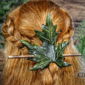 Green Maple Leaf Leather Hair Stick Barrette or Dreadlock Holder