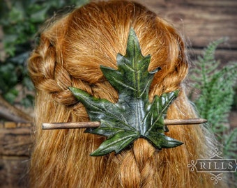 Leather Leaf Barrette – Handmade Maple Hair Stick with Wooden Pin