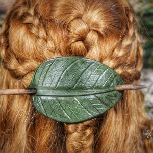 Green Leaf Leather Barrette Dreadlock Hair Stick