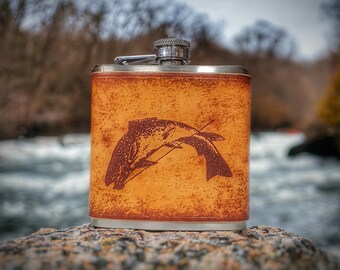 Engraved Leather Wrapped 6oz Hip Flask - Fishing