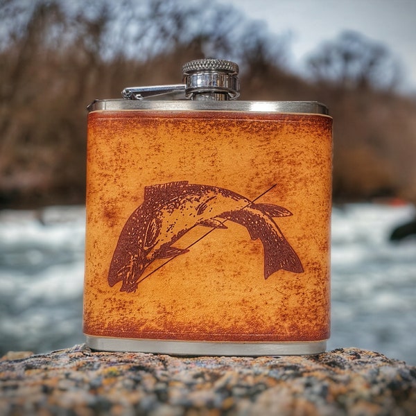 Engraved Leather Wrapped 6oz Hip Flask - Fishing