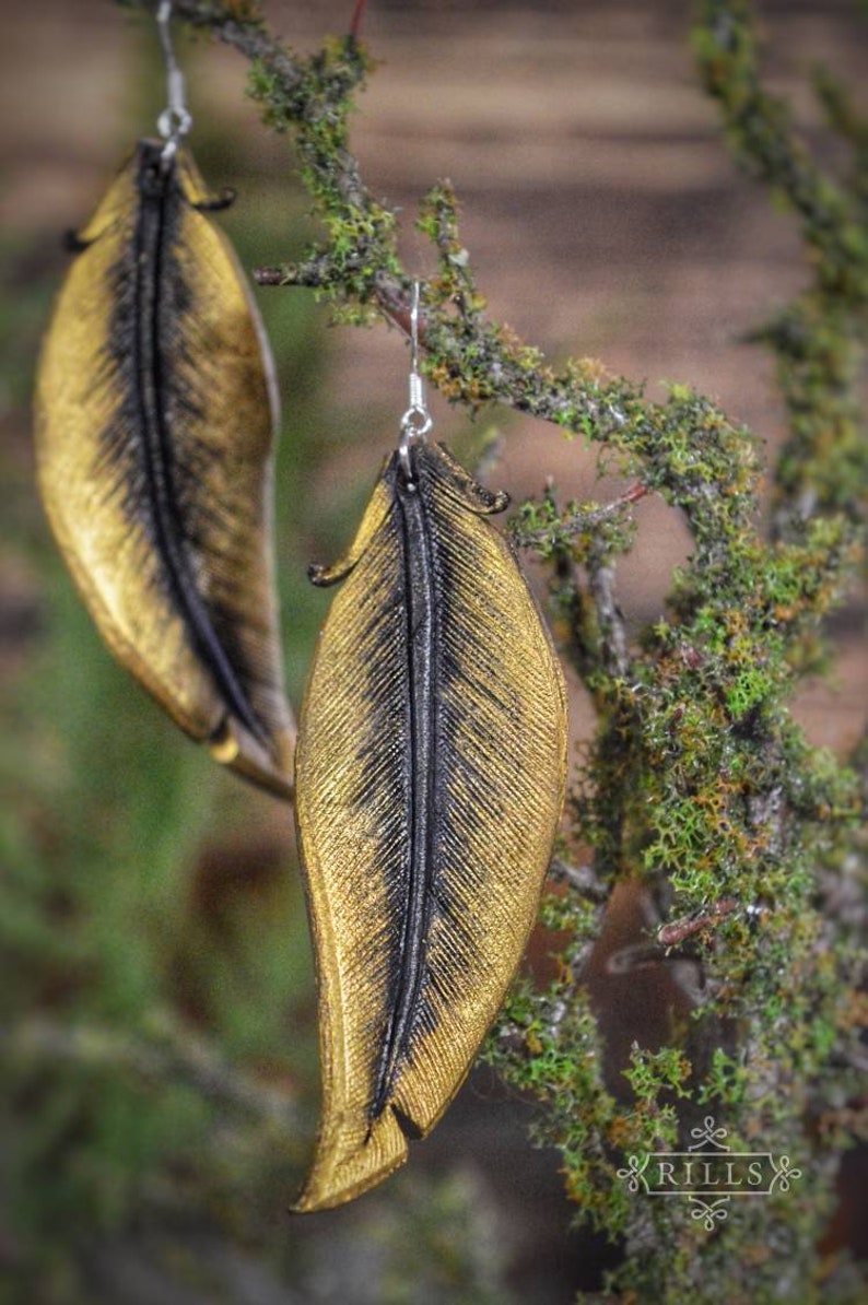 Gold Raven Leather Black Feather Earrings image 3