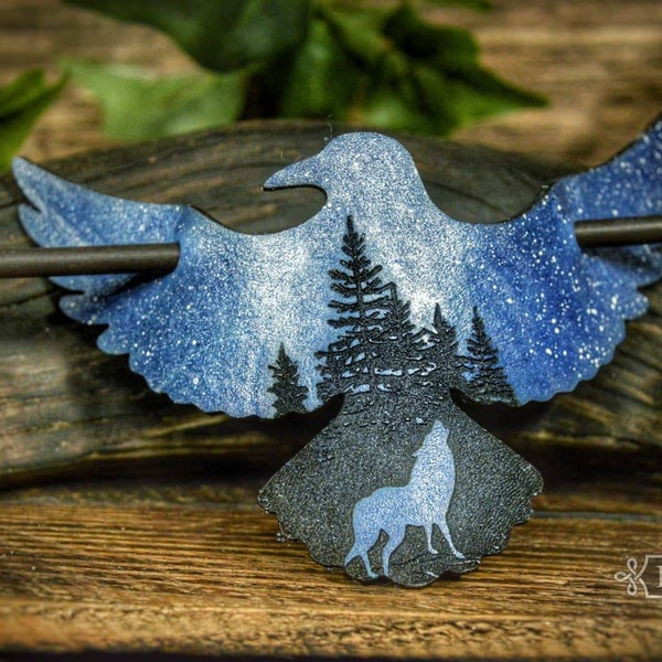 Night Raven - Porte-Dreadlock Barrette en cuir oiseau et silhouette