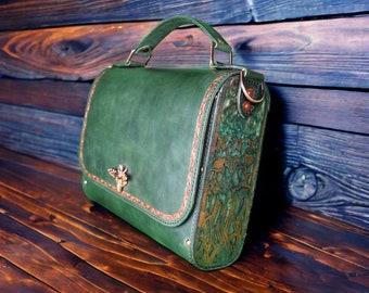 Emerald Nouveau - Leather & Epoxy Resin Satchel Bag