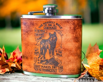 Engraved Leather Wrapped 6oz Hip Flask - Wolf