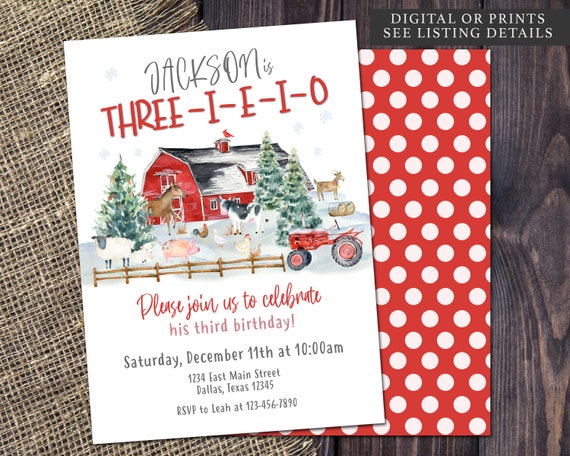 WINTER FARM INVITATION | Three-I-E-I-O | Farm Birthday Party Invite
