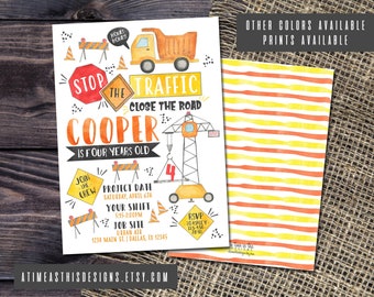 May include: Watercolor construction-themed birthday invitation with a truck, crane, and road signs. The invitation reads "Stop the Traffic, Close the Road" and includes details for a party for a four-year-old named Cooper. The back features yellow and orange stripes.