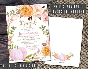 May include: A baby shower invitation with the text "It's a girl" in gold script, surrounded by watercolor flowers in peach and pink. The invitation includes event details and a matching backside design.