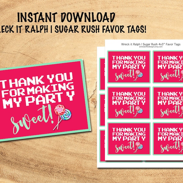 SUGAR RUSH Thank You Tags | Wreck it Ralph Sugar Rush Birthday Party | INSTANT Download!