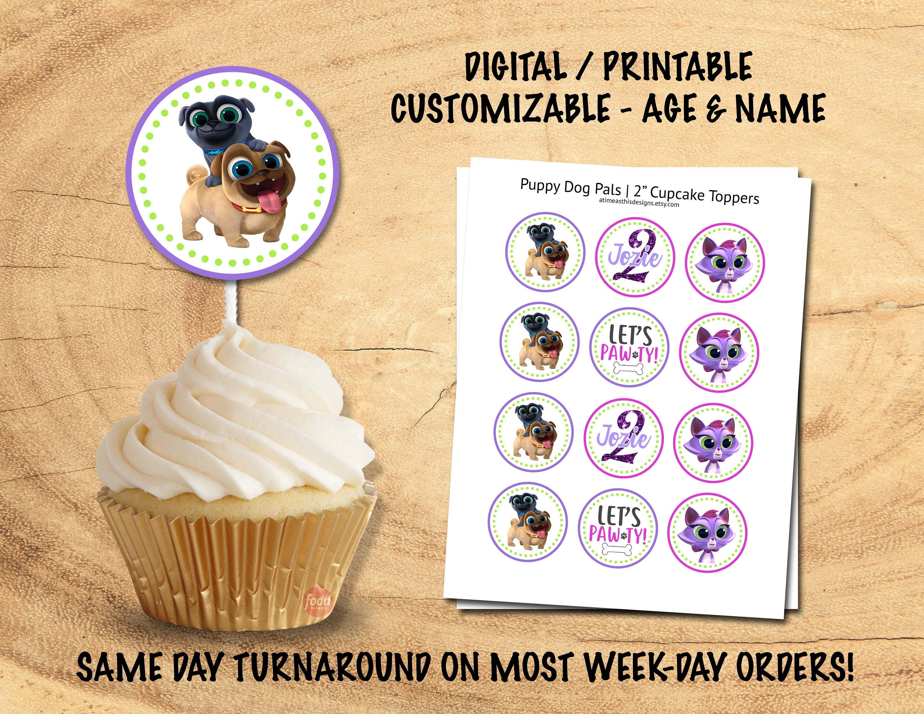 PUPPY DOG PALS Cupcake Toppers Customized Name &amp; Age - Etsy Singapore