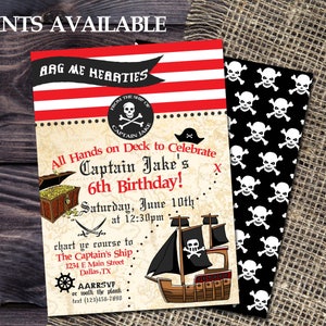 May include: Pirate-themed birthday party invitations. The design features a pirate ship, treasure chest, and skull and crossbones. The invitation includes the text "All Hands on Deck to Celebrate Captain Jake's 6th Birthday!"