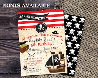 May include: Pirate-themed birthday party invitations. The design features a pirate ship, treasure chest, and skull and crossbones. The invitation includes the text "All Hands on Deck to Celebrate Captain Jake's 6th Birthday!"