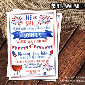 Puede incluir: Una invitación para revelar el género del bebé, con un tema rojo, blanco y azul. La invitación incluye el texto "He or She... What will Baby Johnson be? Join Us When We Find Out!" y detalles para una barbacoa.