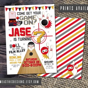 May include: Bowling-themed birthday party invitation with a retro video game design. The invitation features text that reads "Come Get Your Game On!" and "Jase is Turning". The back of the invitation has red, gray, and gold diagonal stripes.