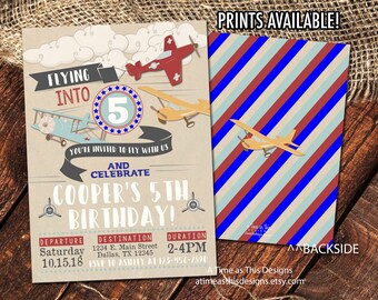 May include: Aviation-themed birthday party invitation with a light brown background. The front features a red, blue, and yellow airplane design with the text "Flying Into 5". The back has a striped pattern with a yellow airplane. Text reads "Prints Available!"
