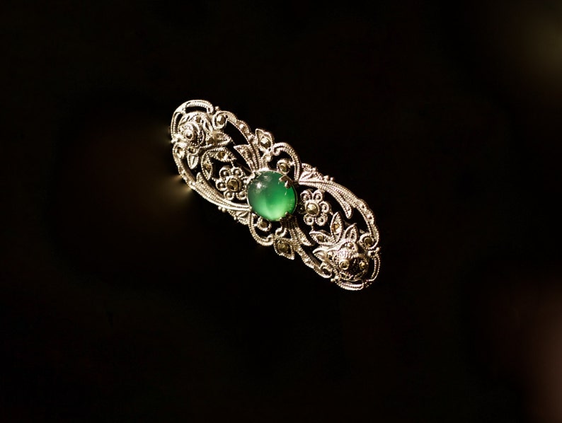 SALE Vintage 1920s Art Nouveau Deco Sterling Silver Marcasite /& Chrysoprase Magical Stone of Venus Brooch Mystical 20s Green Goddess Pin