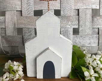Handmade Wooden Church, Easter Tiered Tray Decor (6” x 3.5 x 1”