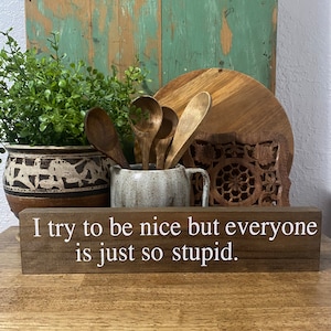 I try to be nice but everyone is just so stupid / Funny Sign / Funny Office Decor / Funny Gifts / Desk Signs / Office Decor / Coworker Gifts