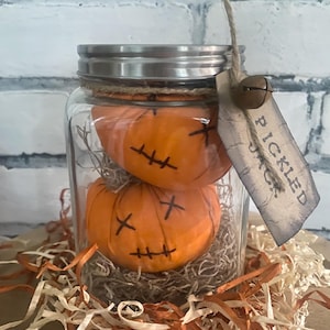 Pickled Jacks Jar / Handmade halloween Decor / Primitive Halloween Decorations / Whimsical Pumpkins / Vintage Inspired Pumpkin Home Decor