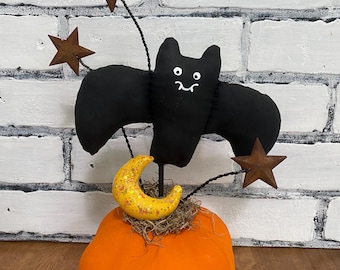 Handmade Primitive Bat on Pumpkin Decor, Vintage Inspired Halloween Tiered Tray