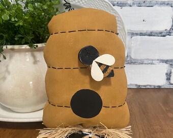 Handmade Bee Hive with Wooden Bees, Spring Summer Tiered Tray Decor
