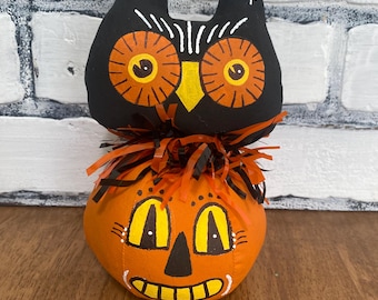 Handmade Owl on Pumpkin / Halloween Decor / Whimsical Halloween
