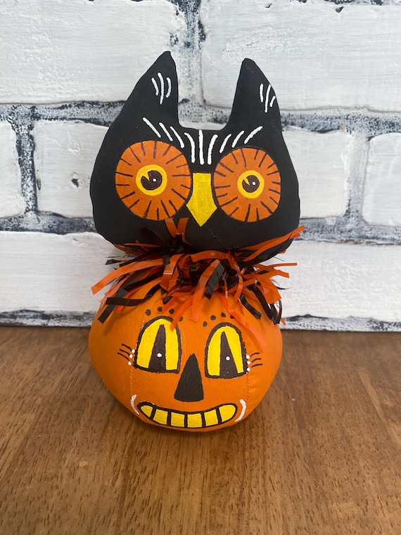 Handmade Owl on Pumpkin / Halloween Decor / Whimsical Halloween