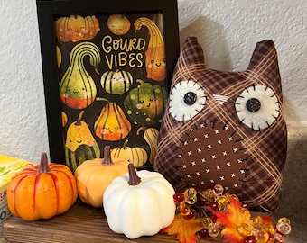 Handmade Plush Owl Ornament: Fall Tiered Tray Decor