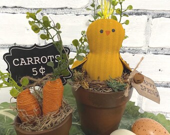 Handmade Primitive Chick in Terra Cotta Pot - Easter Spring Decor