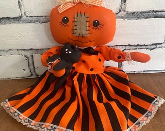 Handmade Pumpkin Rag Doll with Black Cat, Halloween Decor