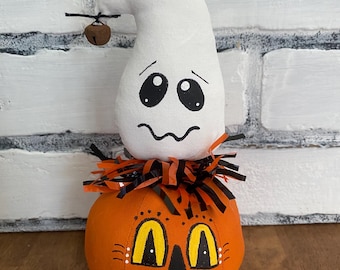 Handmade Ghost on Pumpkin / Halloween Decor / Whimsical Halloween