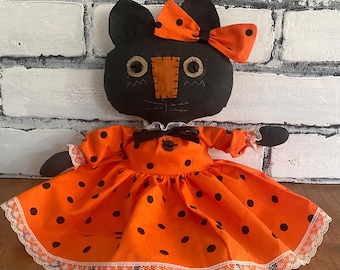 Handmade Black Cat Rag Doll, Halloween Fall Decor