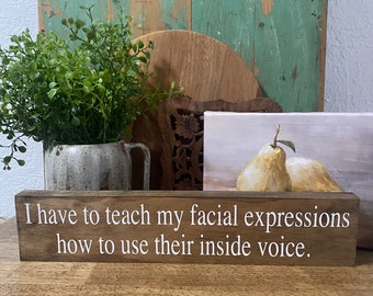 May include: Wooden sign with the text "I have to teach my facial expressions how to use their inside voice."